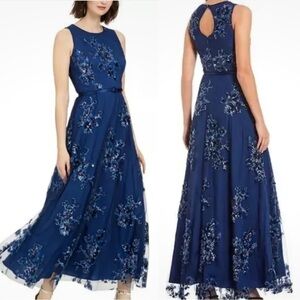 Eliza J Sequin Floral Print Belted Gown